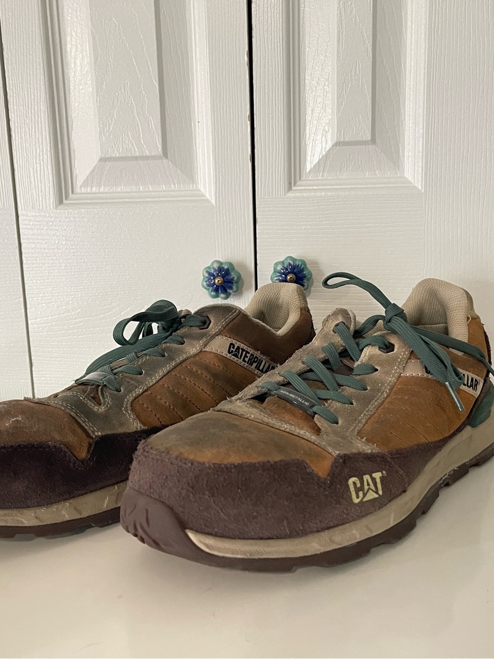 Men’s Caterpillar Brown and Tan Suede Composite Toe Work Shoes with Green Laces